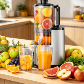Cold Press Juicer, 5.5" Extra Large Feed Chute, 250W Slow Masticating Juicer, High Juice Yield, Easy Clean, Reverse Function for Whole Fruits & Vegetables